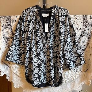 By Anthropologie NWT Black Top with Leaf Motif Size Large